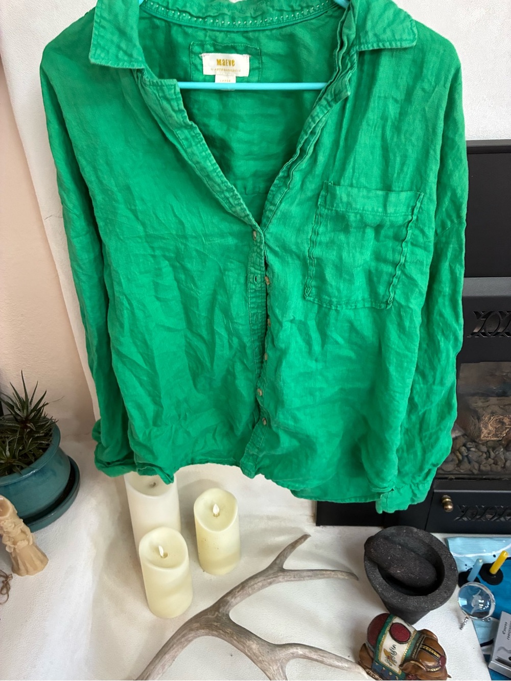 Anthropologie Bright Green Linen Button-Down Shirt